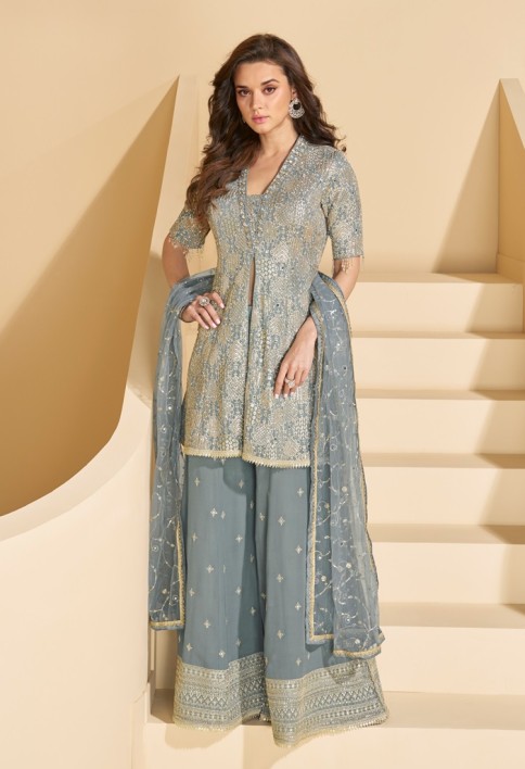 DUSTY BLUE HEAVY EMBROIDERED PALAZZO SUIT IN REAL GEORGETTE